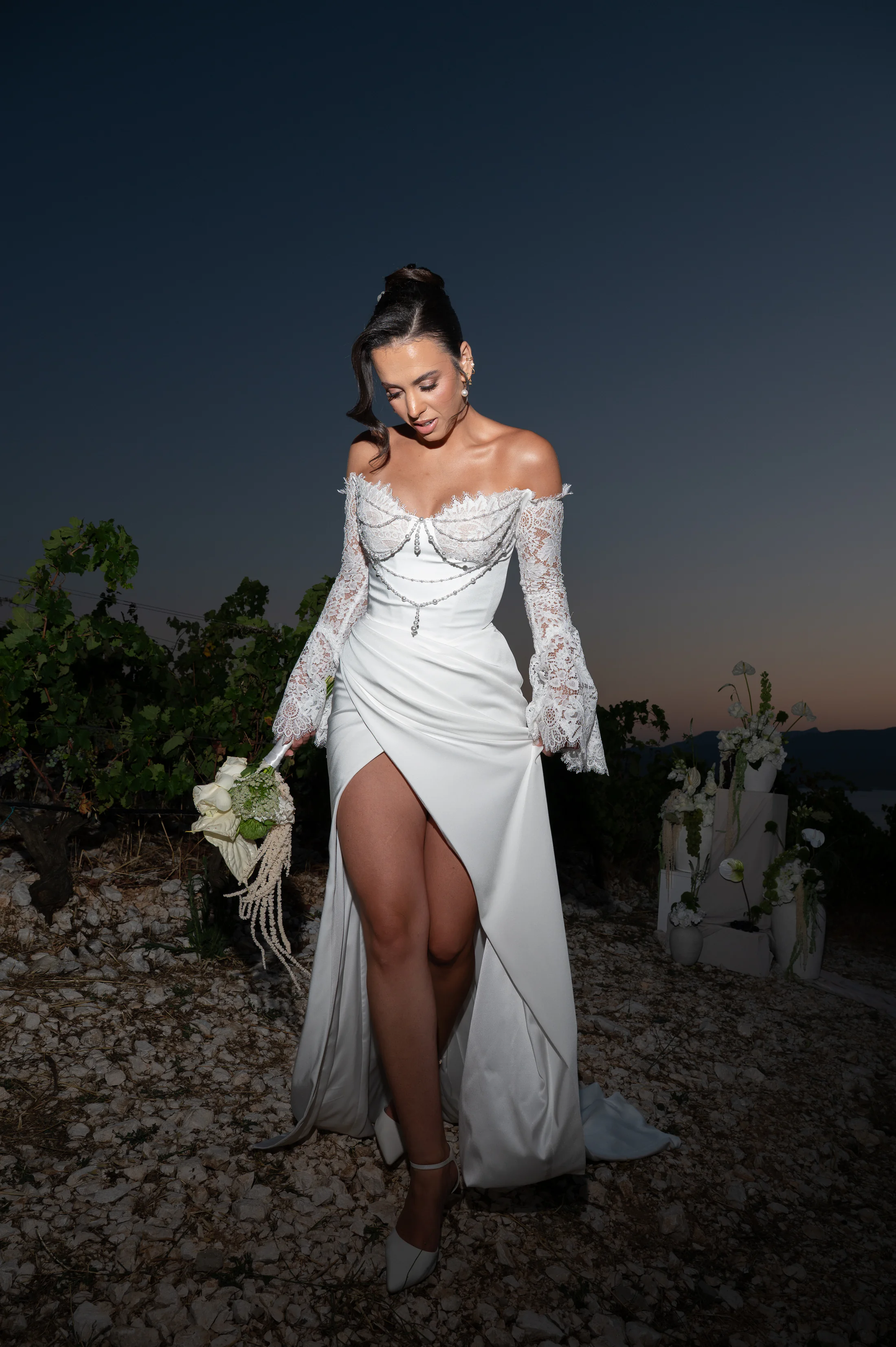 Editorial bridal fashion portrait at dusk