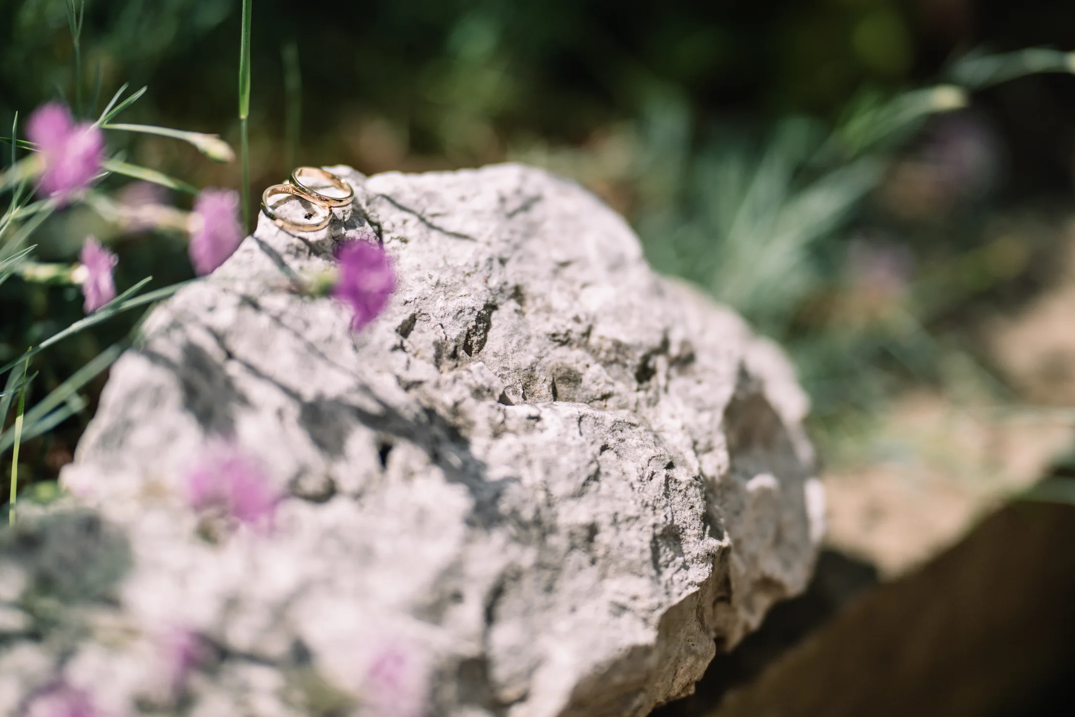 Wedding rings resting among soft wildflowers